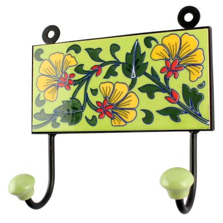 Pea Green Floral Ceramic Tile Hook